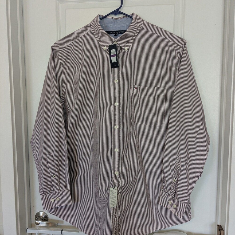 Tommy Hilfiger Mens 2XLT Shirt Red White Stripe Button Down NWT Big Tall Cotton